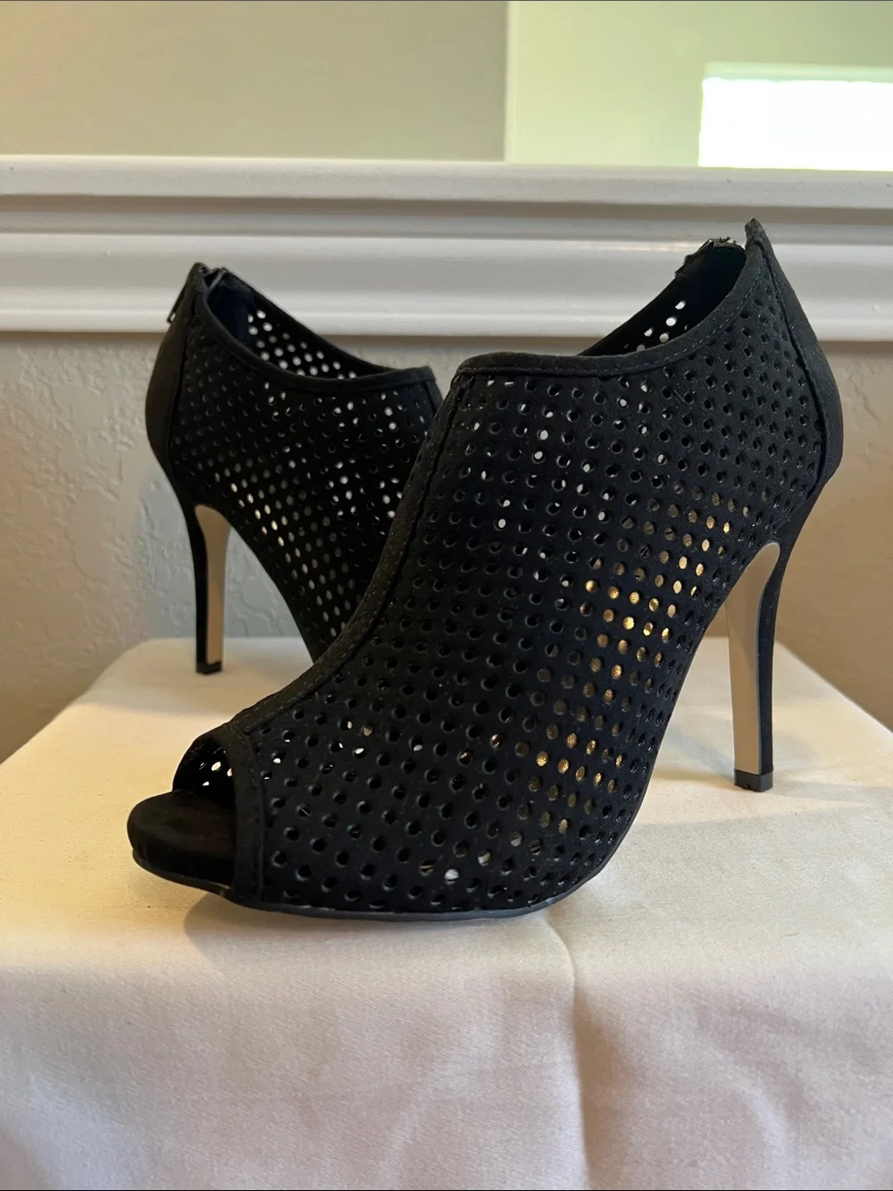 Madden Girl Women’s Black Perforated Peep-Toe Ankle Booties
